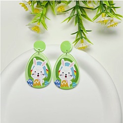 Светло-зеленый Акриловые болтаться серьги стержня, слеза с кроликом, платина, светло-зеленый, 67x30 мм