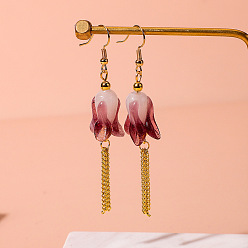 Brown Handmade Lampwork Dangle Earrings, Flower, Alloy Dangle Earrings for Women, Golden, Brown, 76x43mm