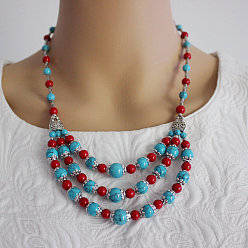 Красный Этнический стиль сплав и окрашенная синтетическая бирюза круглые бусины 3 многослойные нагрудные ожерелья, античное серебро, красные, 18.50~20.87 дюйм (47~53 см)