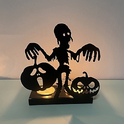 Skull Halloween Theme Iron Candle Holder, Round Tealight Candlestick, Skull, 6x14x15cm