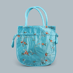 Dark Turquoise Retro Rectangle Cloth Drawstring Women Wristlets, with Handles, Embroidery Flower Pattern, Dark Turquoise, 21x20x6cm