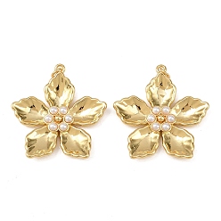 Настоящее золото 18K Латунные подвески, цветок, с жемчужинами из АБС-пластика и соединительными кольцами, без свинца и без кадмия, долговечный, стойки покрытие, реальный 18 k позолоченный, 35.5x34.5x5 мм, отверстие : 3.5 мм