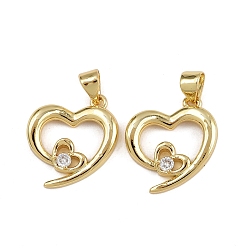 Настоящее золото 16K Латунные микро проложить кубического циркония подвески, сердце, реальный 16 k позолоченный, 16.5x16x3 мм, отверстие : 3.5x4.5 мм