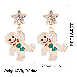 Gingerbread Man Рождественские серьги-гвоздики из сплава, с эмалью, стразами и акрилом, золотые, Колобок, 35x20 мм