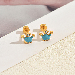 Синий Серьги-гвоздики с короной из нержавеющей стали с эмалью, с четким кубического циркония, золотые, синие, 11x8 мм