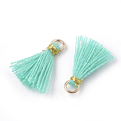 Turquoise Polycotton(Polyester Cotton) Tassel Pendant Decorations, Mini Tassel, with Iron Findings and Metallic Cord, Light Gold, Turquoise, 10~15x2~3mm, Hole: 1.5mm