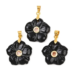 Обсидиан Резные подвески из натурального обсидиана, подвески-цветы с латунной микропаве из кубических цирконий, золотые, стойки покрытие, долговечный, золотые, 20x20x5 мм, отверстие : 5x4 мм
