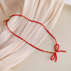 Красный Ожерелья из стеклянных бусин Feaceted Rondelle, Невыцветающие ожерелья-банты ручной работы для женщин, красные