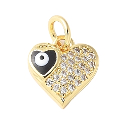 Сердце Латунные микропроволочные кубические циркониевые подвески из эмали, Злые чары глаз, с целью перехода в кольце, без кадмия и без свинца, реальный 18 k позолоченный, сердце, 11x10x2.5 мм, отверстие : 3.5 мм