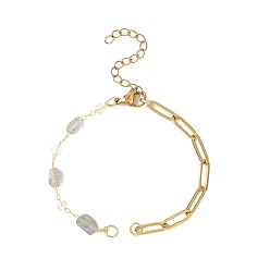Лабрадорита 304 изготовление браслета-цепочки из нержавеющей стали со скрепками, с бусинами из натуральных самородков лабрадора и латунной фурнитурой, золотые, 6-1/2 дюйм (16.6 см), отверстие : 3.5 мм