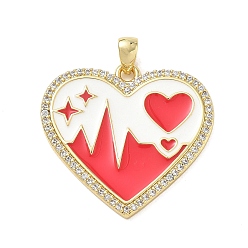 Red Brass Micro Pave Clear Cubic Zirconia Pendants, with Enamel, Heart Charms, Real 14K Gold Plated, Red, 23x24.5x2.5mm, Hole: 4x2.5mm