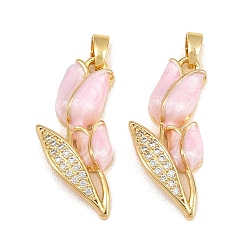 Pink Latón micro pavimenta claro colgantes de circonio cúbico, con esmalte, encantos de tulipanes, real 18 k chapado en oro, rosa, 26x12x4.5 mm, agujero: 4x2 mm