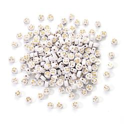 Golden Plated Opaque White Acrylic Beads, Metal Enlaced, Flat Round with Expression, Golden Plated, 7x4mm, Hole: 1.6mm, 200pcs/set