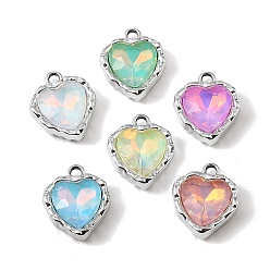 Platinum UV Plating Alloy Glass Pendants, Heart Charm, Faceted, Mixed Color, Platinum, 16x14x5.5mm, Hole: 2mm