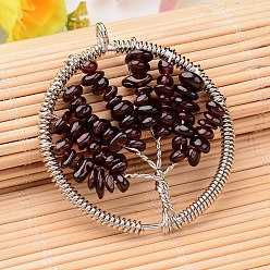 Гранат Натуральные гранаты большие подвески, латунная фурнитура с платиновым покрытием, плоские круглые с дерева жизни, 53~56x48~51x8 мм, отверстие : 4 мм