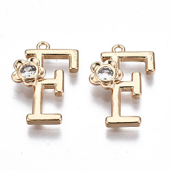 Letter F Латунные подвески, со стразами, без кадмия, без никеля и без свинца, алфавит, золотые, буква f, 17.5x12x2.5 мм, отверстие : 1 мм