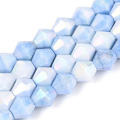 Васильковый Антикоррозийные гальванические стеклянные бусины, имитация драгоценных камней, двухконусные, с покрытием AB цвета, граненые, два тона, васильковый, 7.5~8x7~8 мм, отверстие : 1~1.2 мм, около 48~49 шт / нитка, 14.76~15.16'' (37.5~38.5 см)