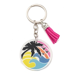 Colorful Acrylic Flat Round with Suede Tassel Pendant Keychain, with Iron Key Ring, Colorful, 100mm