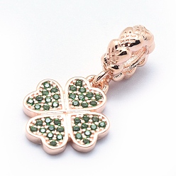 Зеленый 925 европейские подвески из стерлингового серебра, Подвески с большими отверстиями, с кубического циркония, Настоящее розовое золото покрыто, клевер, зелёные, 22.5 мм, отверстие : 4 мм