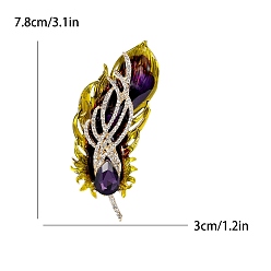 Purple Alloy with Rhinestone Brooches, Feather, Purple, 78x30mm