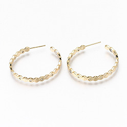 Real 18K Gold Plated Brass Micro Pave Clear Cubic Zirconia Half Hoop Earrings, Stud Earring, Ring with Hexagon, Nickel Free, Real 18K Gold Plated, 37x33x4mm, Pin: 0.7mm