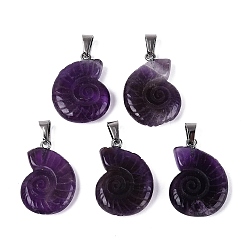 Améthyste Pendentifs en pierre améthyste naturel, charmes de conque, avec cliquet en acier inoxydable, couleur inox, 27.5~29.5x20~23x5.5~8.5mm, Trou: 7x4mm