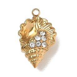 Others 304 Stainless Steel Rhinestone Pendants, Real 18K Gold Plated, Conch Shape Charms, 14x9x6mm, Hole: 1.2mm