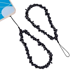 Gemstone Ремешок на запястье с ремешком для сотового телефона с чипами из натурального обсидиана, с оплеткой нейлоновой нити, 20 см