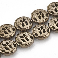 Copper Plated Electroplate Non-magnetic Synthetic Hematite Beads Strands, Flat Round, Copper Plated, 12~12.5x4mm, Hole: 1mm, about 32pcs/strand, 16.14 inch