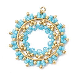 Бирюза Бисер и подвески из стеклянных бусин, цветочный шарм, с 304 кольцами из нержавеющей стали, граненые, бирюзовые, 34~35x34~35 х ~ 3.53 mm, отверстие : 3.5 мм