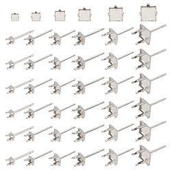 Stainless Steel Color 60Pcs 6 Style 201 Stainless Steel Stud Earring Settings, with 304 Stainless Steel Pin, Square, Stainless Steel Color, 10pcs/style