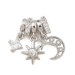 Платина Латунные микропаве прозрачные подвески с фианитом, ромб с подвесками в виде солнца и луны, без кадмия и без свинца, стойки покрытие, долговечный, платина, 16 мм, отверстие: 2.5x1.5мм ромб: 7x5x2.5мм, ВС: 10x8x1.5 mm, Луна: 9.5x7.5x1.5 мм