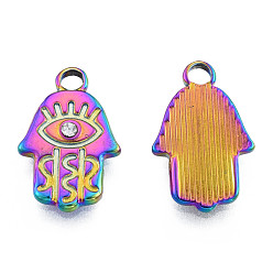Rainbow Color 304 подвески из нержавеющей стали, с кристально горный хрусталь, Хамса рука / рука Мириам, Радуга цветов, 17.5x11x2 мм, отверстие : 2 мм