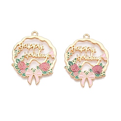 Ярко-Розовый Стойки обшивки сплава эмали подвески, без кадмия, без никеля и без свинца, золотой свет, цветок-бантик со словами счастливых праздников, ярко-розовый, 34x26x2 мм, отверстие : 1.8 мм