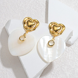 Сердце День святого Валентина 304 Серьги-гвоздики из нержавеющей стали и натуральной ракушки, золотые, сердце, 43x25 мм