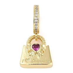 Фуксиновый Покрытие стойки латунь кубический цирконий европейские подвески с подвесками, подвески для сумочек с большими отверстиями, реальный 18 k позолоченный, долговечный, без кадмия и без свинца, красно-фиолетовые, 25 мм, отверстие : 4.5 мм