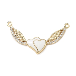 Chapado en Oro Real de 14K Dijes de conector de zirconia cúbica transparente con micro pavé de latón, con esmalte blanco, corazón con eslabones de ala, real 14 k chapado en oro, 15x28x3 mm, agujero: 1.2 mm