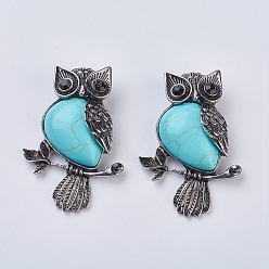 Синтетическая Бирюза Gemstone подвеска, со сплавочной фурнитурой, и горный хрусталь, сова, 50x35x7.5~9 мм, отверстие : 5x8 мм