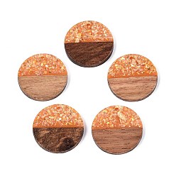 Темно-Оранжевый Подвески из непрозрачной смолы и орехового дерева, плоские круглые прелести, с блестящей пудрой и золотой фольгой, темно-оранжевый, 28x3~4 мм, отверстие : 2 мм