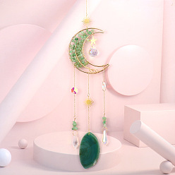 Зеленый Авантюрин Обернутая проволокой натуральная зеленая авантюриновая луна с подвесками в виде дерева жизни, стеклянный конус и ломтики натурального агата, ловцы солнца, подвесные украшения для окон с кисточками, 530~585 мм