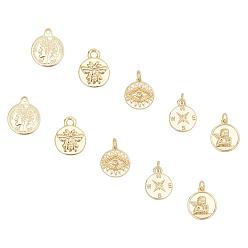 Real 18K Gold Plated 10Pcs 5 Style Brass Charms & Pendant Rhinestone Settings, Long-Lasting Plated, Flat Round with Human & Bee & Evil Eye & Angel & Compass, Real 18K Gold Plated, 14.5x12x1mm, Hole: 1.4mm