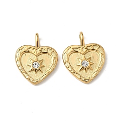 Настоящее золото 18K 304 из нержавеющей стали горный хрусталь подвески, сердце, ионное покрытие (ip), реальный 18 k позолоченный, 24x19x4 мм, отверстие : 5x3 мм
