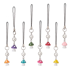 Mixed Color Mushroom Opaque Resin Mobile Strap, Cord Loop and Alloy Pentacle Links Mobile Decorative Accessories, Mixed Color, 10.6cm, 8pcs/set
