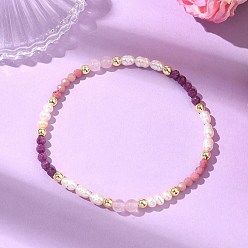 Смешанные камни Эластичные браслеты для женщин из натурального родонита, розового кварца, рубина и культивированного пресноводного жемчуга., круглые, С немагнитным синтетическим гематитом, бисер: 5 мм & 4 мм, внутренний диаметр: 2.28 дюйм (5.8 см)
