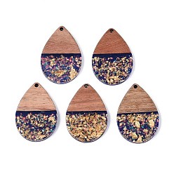Темно-Синий Подвески из непрозрачной смолы и орехового дерева, слезинки, с блестящей пудрой и золотой фольгой, темно-синий, 36x24.5x3~3.5 мм, отверстие : 2 мм