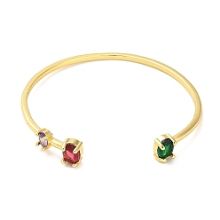 Real 18K Gold Plated Brass Pave Green & Red Glass Open Cuff Bangles for Women, Real 18K Gold Plated, 0.2~0.85cm, Inner Diameter: 2-1/4 inch(5.55cm)
