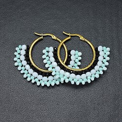 Небесно-голубой Серьги из 304 нержавеющей стали, серьги-кольца с бусинами, со стеклянными бусинами, вентилятор, золотые, голубой, 40.5~42x48~48.5x4 мм