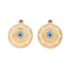 Плоский Круглый 304 нержавеющей стальной эмали подвески, Злые чары глаз, со стразами, золотые, плоско-круглые, 16.5x14x2.5 мм, отверстие : 1.6 мм
