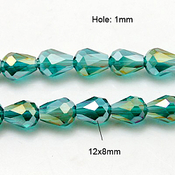 Cyan Electroplate Glass Beads Strands, AB Color Plated, Faceted Teardrop, Cyan, 12x8mm, 58pcs/strand, 26.5 inch
