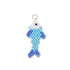 Светло-Голубой Подвески из бисера из стекла Miyuki, рыбы прелести, с открытыми пружинными кольцами из нержавеющей стали 304, реальный 18 k позолоченный, Небесно-голубой, 29.5x14.5x2 мм, отверстие : 3.5 мм